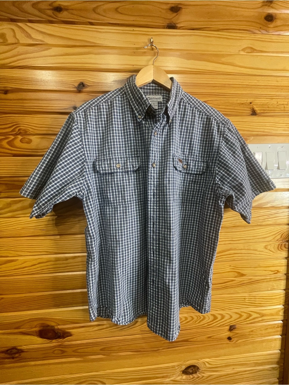 Carhartt Men’s Short-Sleeve Plaid Button-Down Shirt - Navy and White